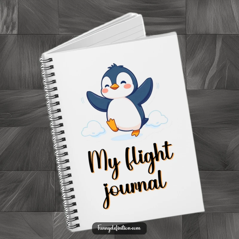 Funny Notebook with a determined penguin attempting flight with flippers, inspiring humorous writing and goal achievement.