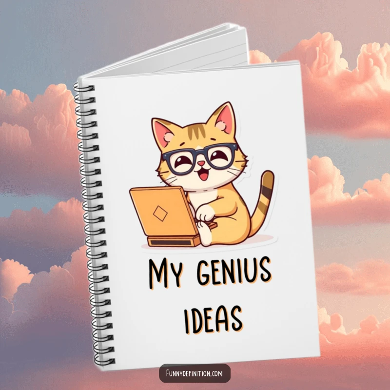 Funny notebook cover with a happy cat wearing oversized glasses, typing enthusiastically on a tiny laptop.
