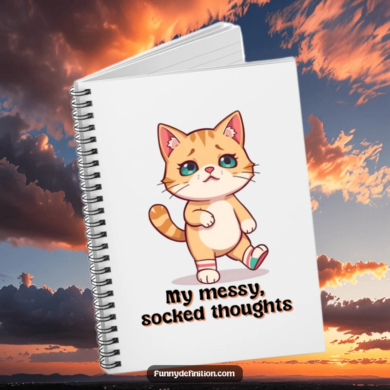 Funny notebook cover with a confused cat attempting to walk in mismatched socks, perfect for jotting down ideas with a dose of playful energy.