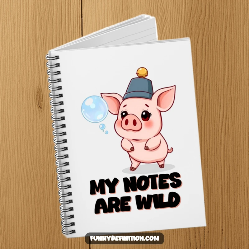 Funny pig notebook with a pig wearing a ridiculous hat, looking surprised by a floating bubble, ideal for notes.