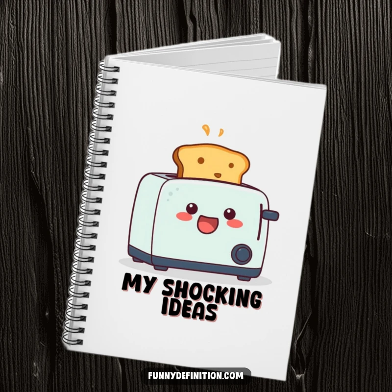 Funny notebook cover showcasing a piece of toast popping out of a toaster with a shocked face, ideal for jotting down humorous thoughts.