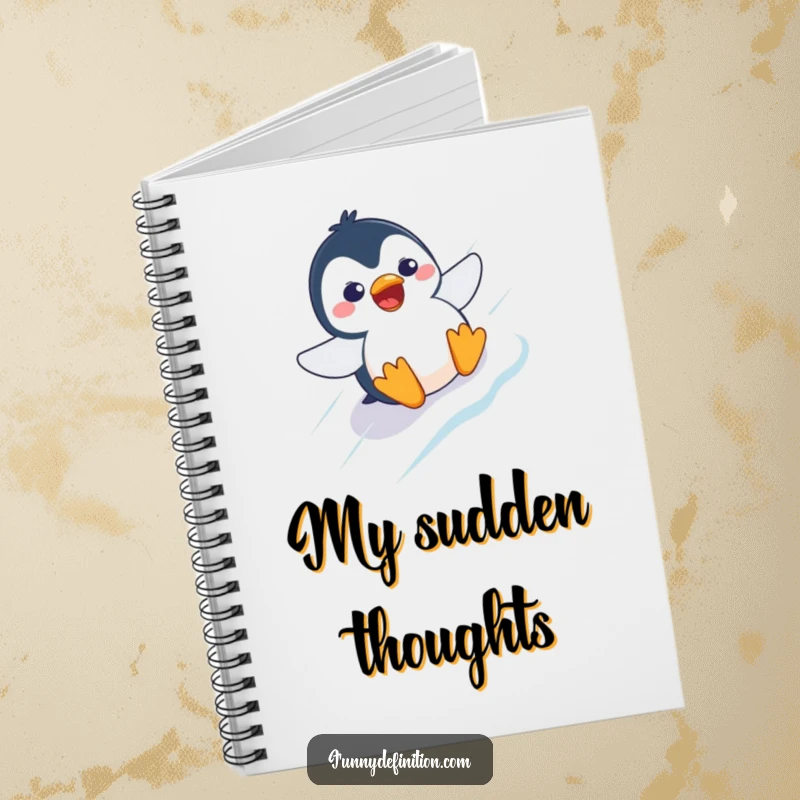 Funny notebook cover with a startled penguin character, comically sliding down an icy slope.