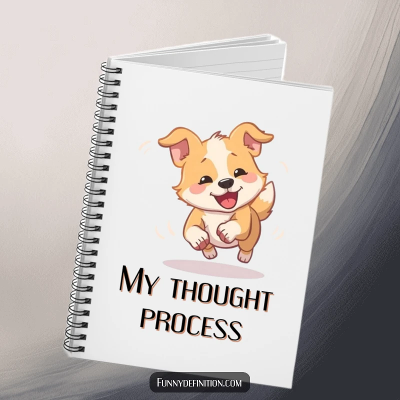 Funny dizzy dog notebook cover with a dog comically spinning in a blur chasing its tail, encouraging humorous writing.