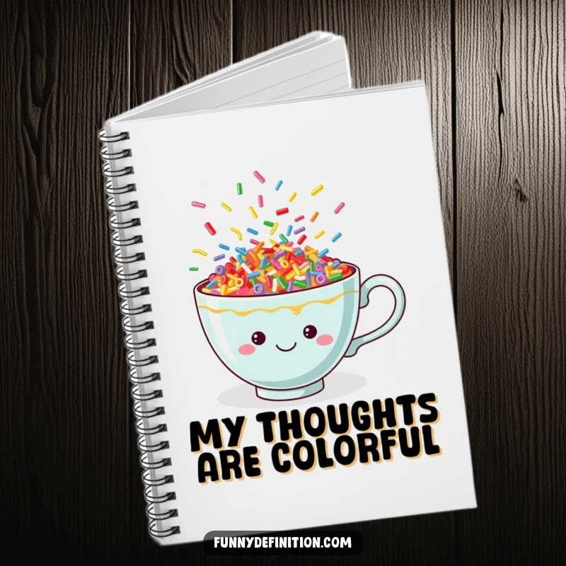 Funny sprinkle teacup notebook with a vibrant cover showcasing a cheerful cup brimming with dancing colorful sprinkles.
