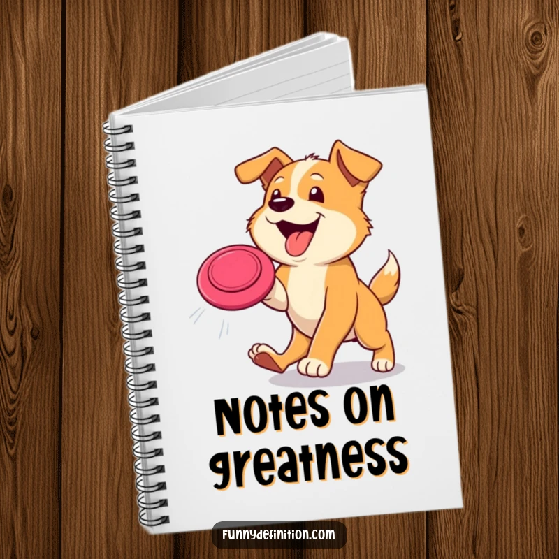 Funny dog notebook cover showing a happy dog leaping mid-air with its tongue out to catch a frisbee, an amusing journal.