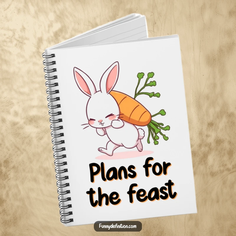 Funny rabbit notebook cover showing a comically struggling rabbit leaning forward while carrying a giant carrot, an amusing journal for nature lovers.