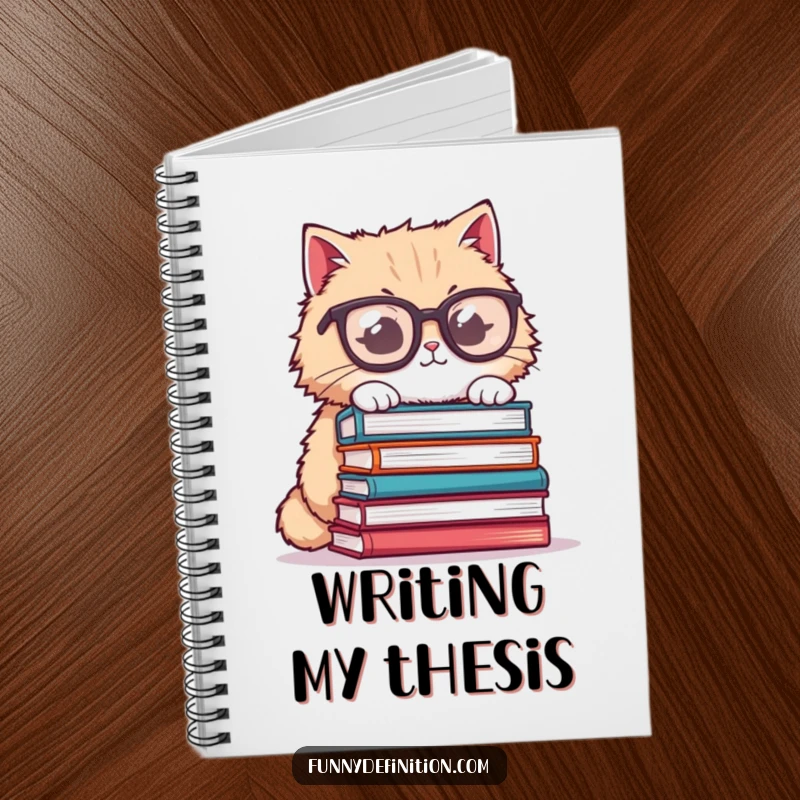 Funny cat notebook, fluffy cat wearing oversized glasses, trying to balance books, humorous and practical for taking notes.