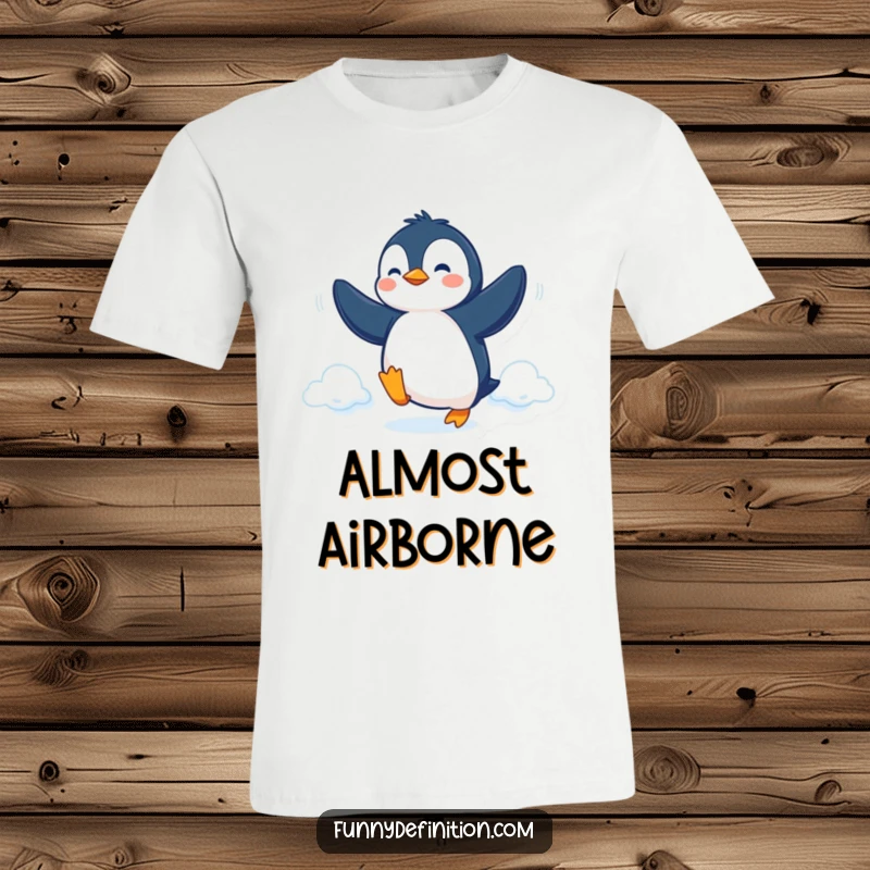 Funny T-Shirt depicting a determined penguin trying to fly with its flippers, embodying humor and perseverance.
