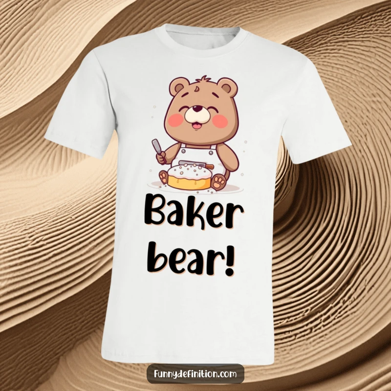 Funny t-shirt graphic of a clumsy bear wearing an apron, coated in flour while baking a cake.