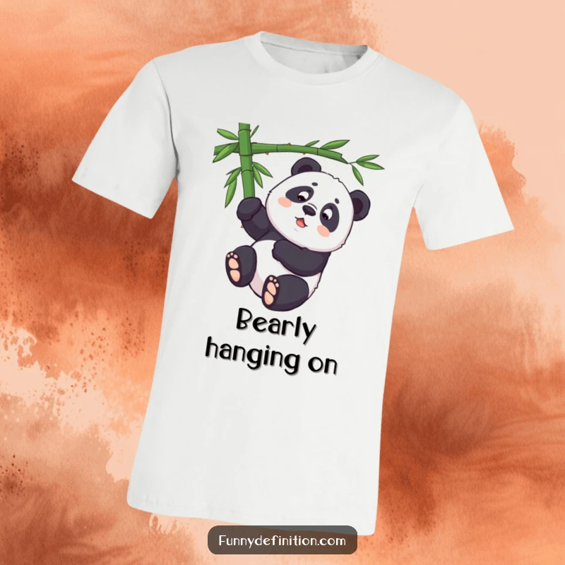 Funny, determined panda trying to hang upside down from a bamboo branch on a humorous t-shirt.