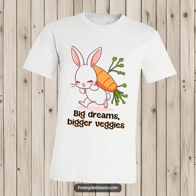 Funny rabbit t-shirt depicting a comically struggling rabbit leaning forward heavily while trying to carry an enormous carrot, a humorous veggie quest.