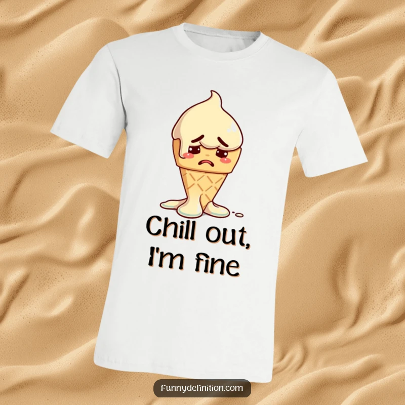 Funny t-shirt featuring a melting ice cream cone with a clearly worried expression, a humorous take on enjoying treats.