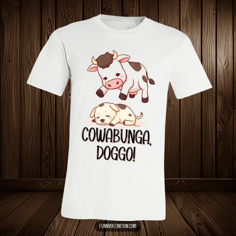 Funny t-shirt illustrated with a cow attempting a jump over a small, sleeping dog, capturing a moment of humorous chaos.