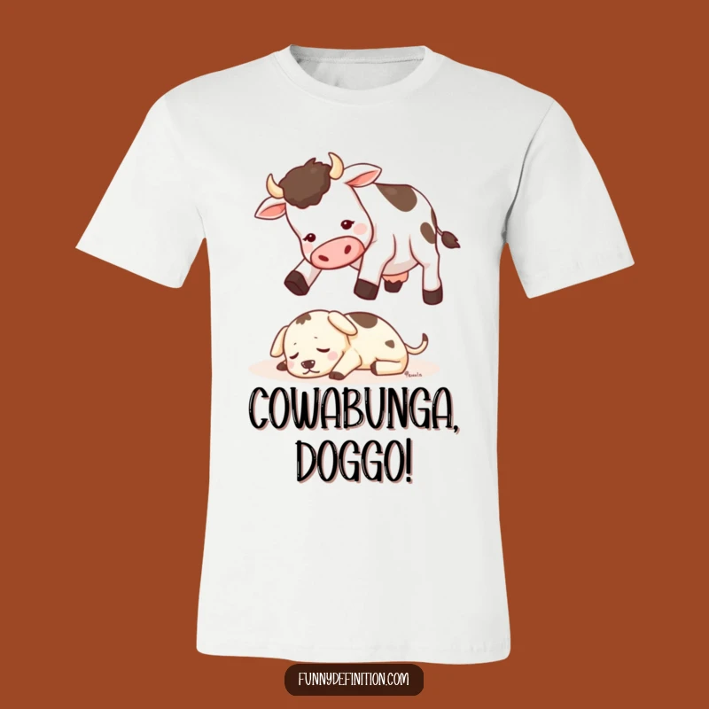Funny Cow Jumping Dog T-Shirt - Hilarious Farm Animal Action Tee