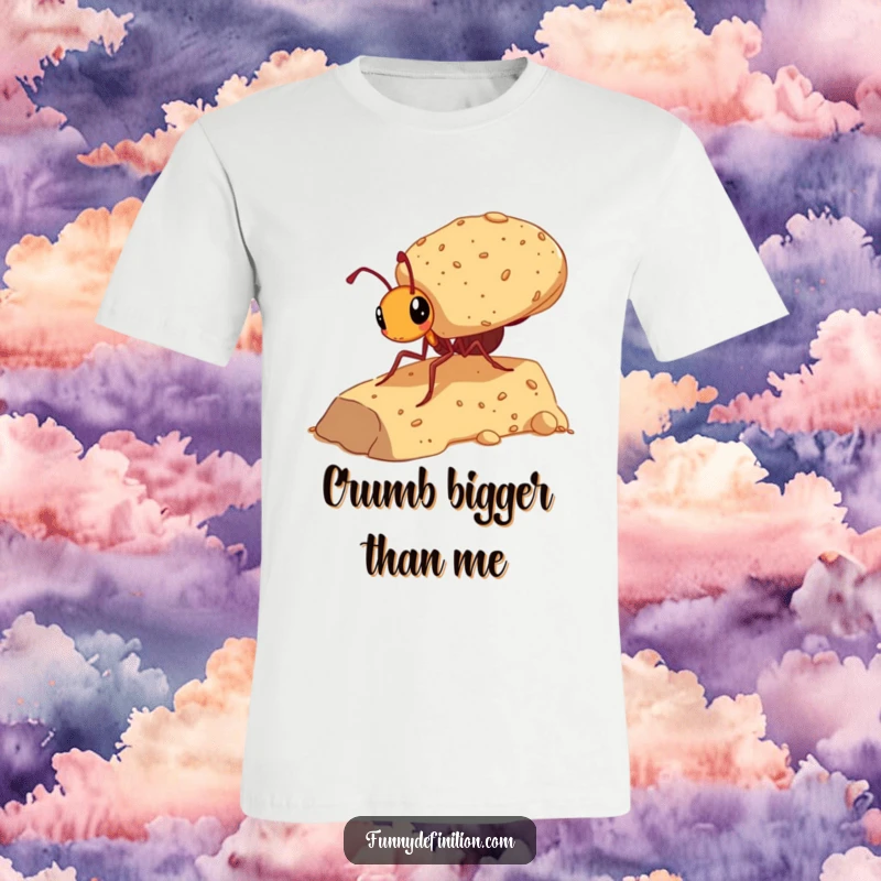 Funny t-shirt depicting a small ant heroically hauling a massive crumb uphill, a testament to hard work and humor.