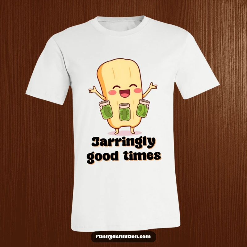 Funny t-shirt illustration of a smiling baguette actively juggling three miniature pickle jars with pure delight and comedic flair.