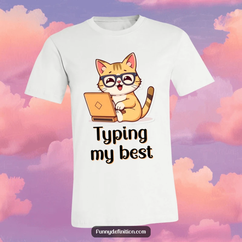 Funny t-shirt graphic of a happy cat wearing large glasses, typing fast on a miniature laptop.
