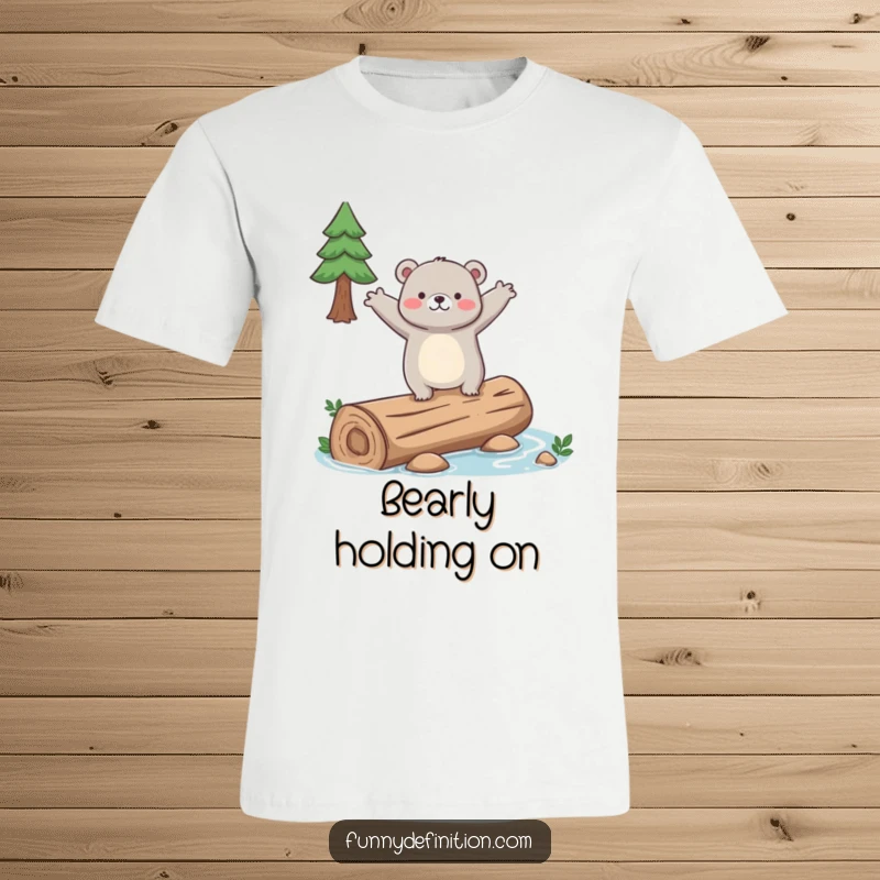 Funny t-shirt with a clumsy bear struggling to balance on a slippery log, arms flailing wildly.