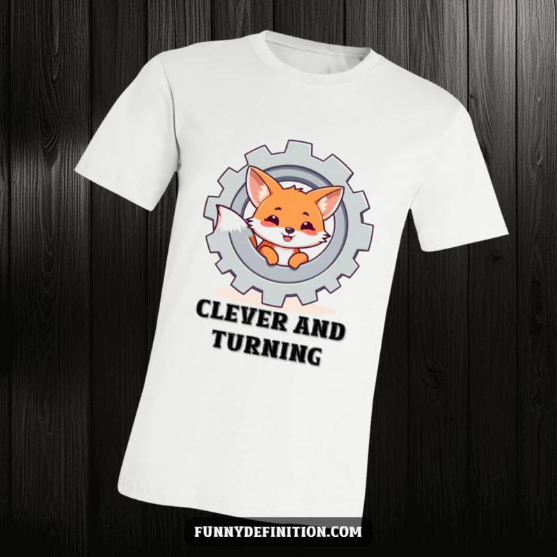 Funny t-shirt depicting a sly fox peeking out from behind a dynamically spinning gear, a cool blend of nature and machinery.