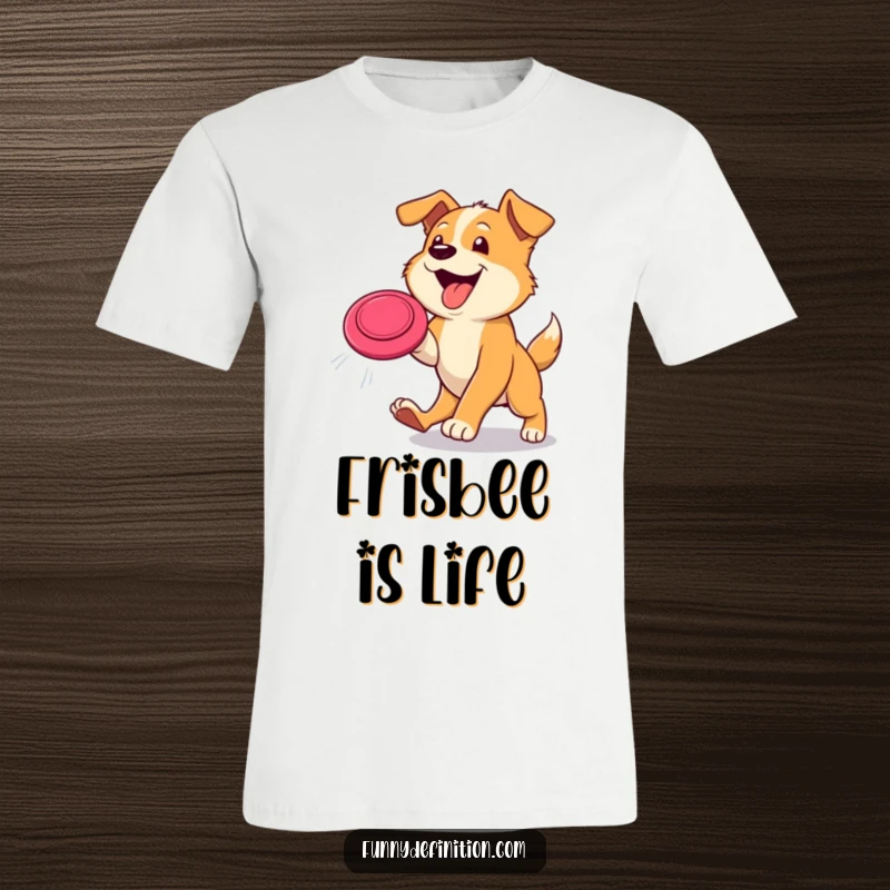 Funny dog t-shirt depicting a joyful dog with its tongue lolling out, catching a frisbee mid-air in a dynamic, energetic pose.