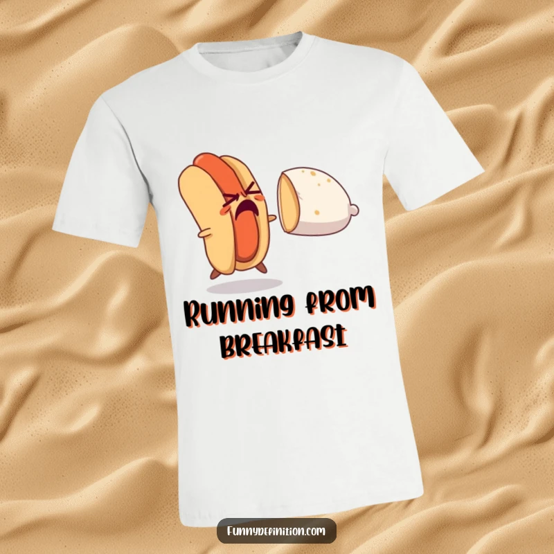 Funny t-shirt design of a panicked hot dog fleeing a pursuing bun, capturing a moment of hilarious culinary escape and absurdity.
