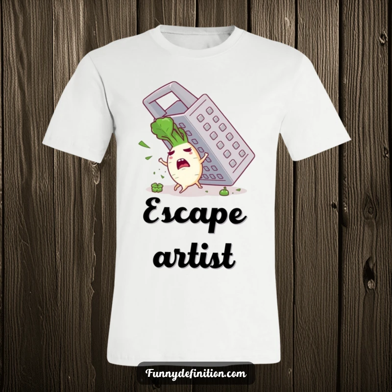 Funny t-shirt illustration of a terrified radish character leaping away from an enormous grater, depicting a comical kitchen escape.