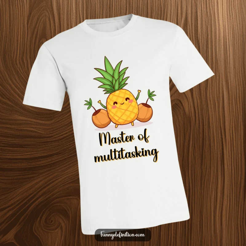 Funny t-shirt graphic of a cheerful pineapple skillfully juggling three tiny coconuts, full of tropical energy.