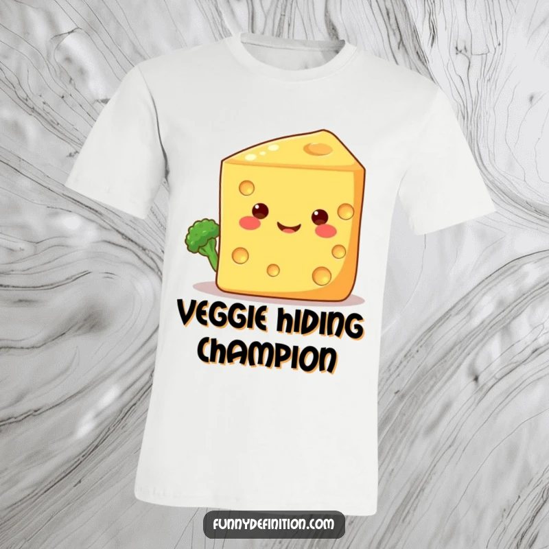 Funny t-shirt showing a bashful broccoli floret peeking out from behind a huge, grinning cheese wedge, highlighting adorable veggie dynamics.