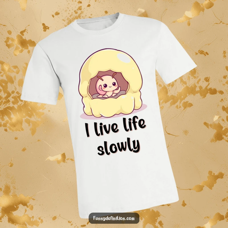 Funny shy snail peeking from a huge, unsteady jelly mold, printed on a comfortable graphic tee.