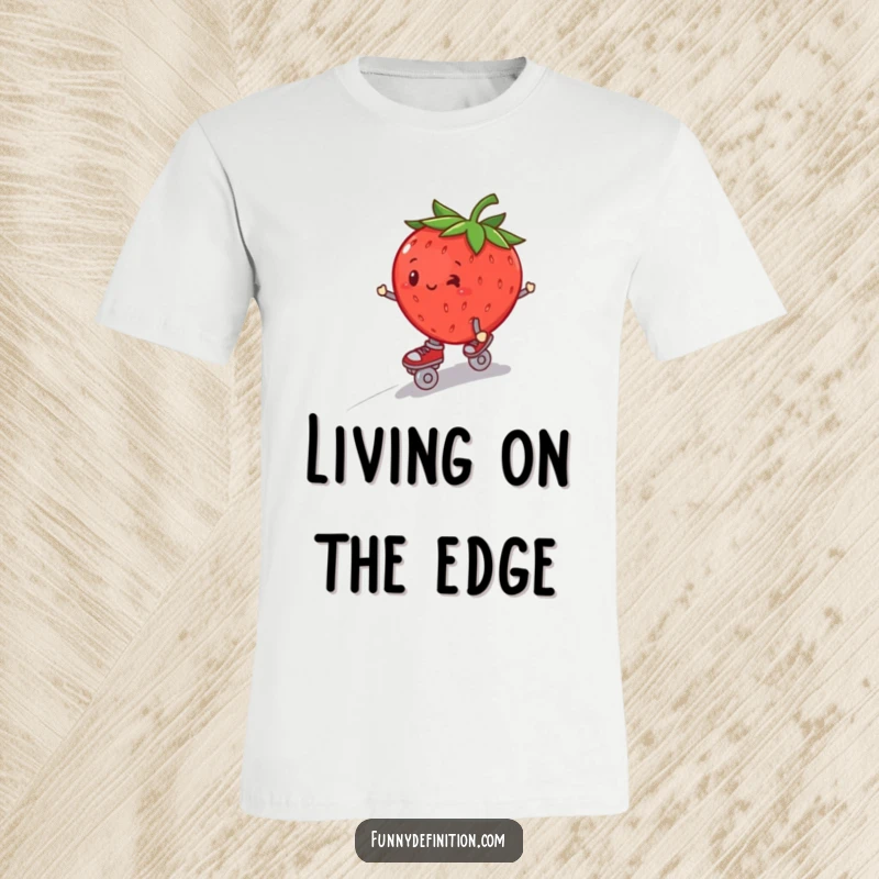 Funny plump strawberry wearing roller skates, wobbling down a hill, printed on a funny graphic tee.