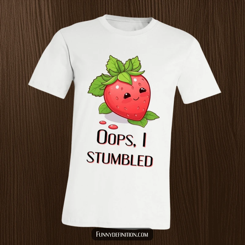 Funny T-Shirt displaying a blushing strawberry comically tripping over its leaves, capturing a moment of sweet embarrassment.