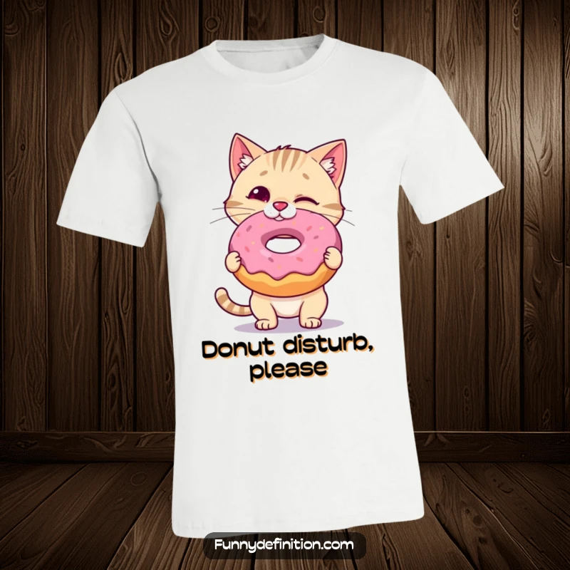 Funny Cat T-Shirt: A wobbly cat attempts to balance a massive donut on its nose, displaying adorable concentration and a love for treats, perfect funny gift.