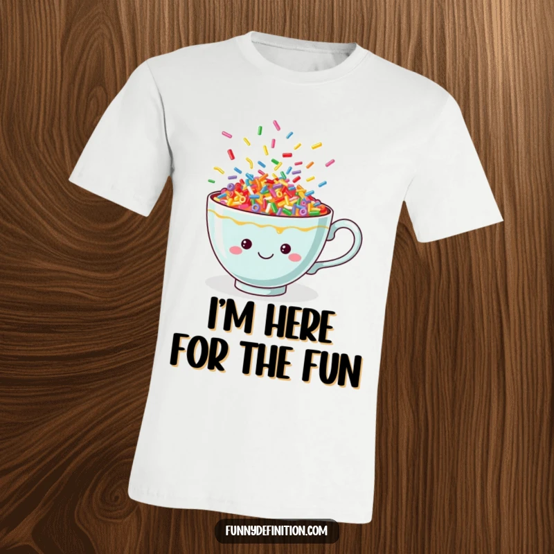 Funny teacup t-shirt bursting with cheerful, dancing sprinkles, symbolizing a vibrant and happy personality, ideal for casual wear.