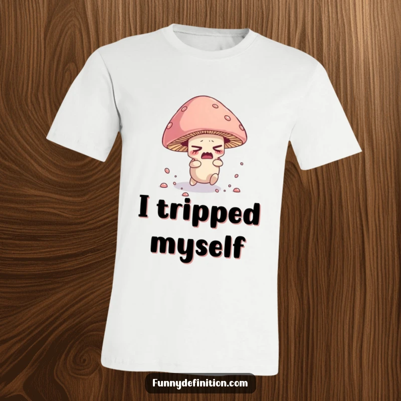 Funny t-shirt illustration of a nervous mushroom character tripping over its cap, scattering spores hilariously.