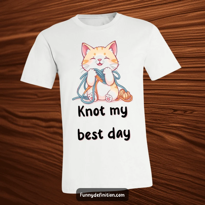 Funny t-shirt with a cat comically caught in a web of colorful yarn, struggling to get free.