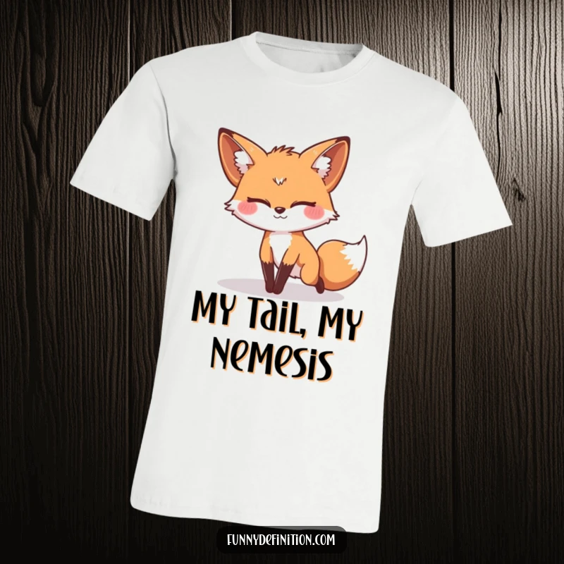 Funny t-shirt design of a fox with a goofy grin, comically tripping over its own tail in a moment of pure silliness.