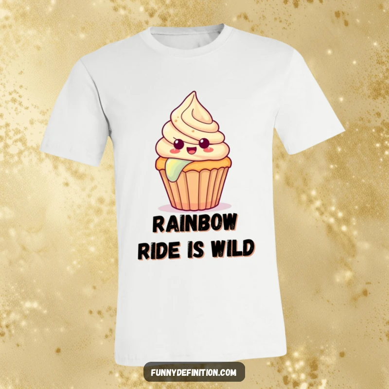 Funny t-shirt with a surprised cupcake with colorful frosting sliding down a bright rainbow, full of delight.