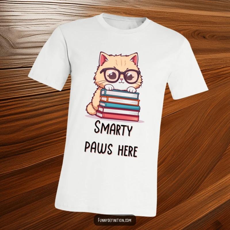 Funny cat t-shirt, fluffy cat wearing oversized glasses trying to balance a stack of books, a humorous and quirky design.