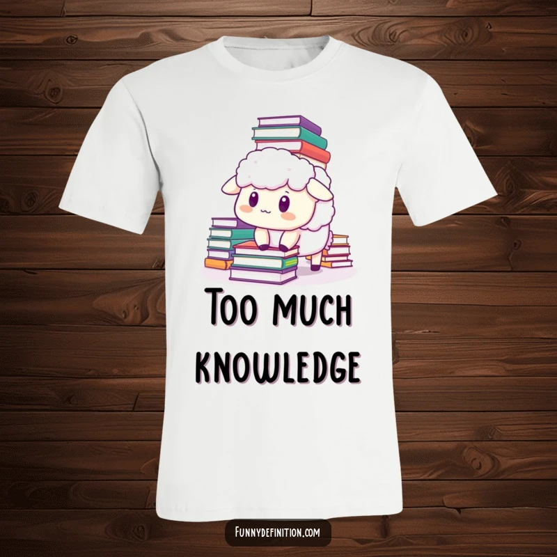Funny sheep t-shirt showing a startled sheep being crushed by a falling stack of books, a hilarious depiction of academic overload.