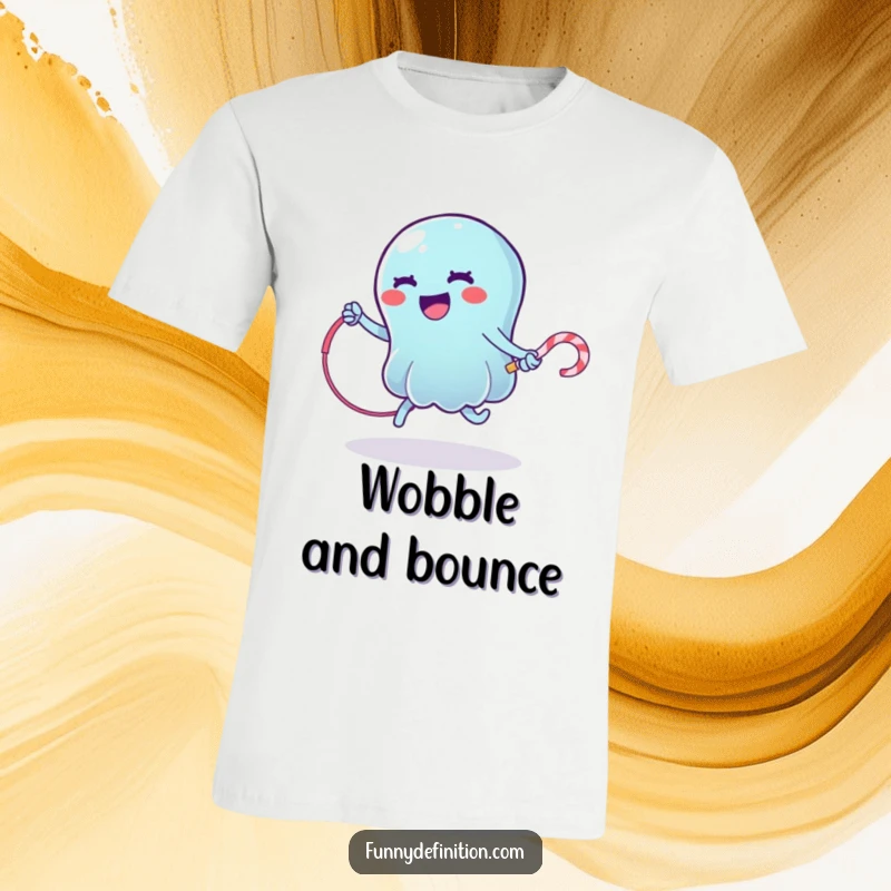 Funny t-shirt illustrating a wobbly jelly character jumping rope with a licorice whip, energetic and amusing workout theme.