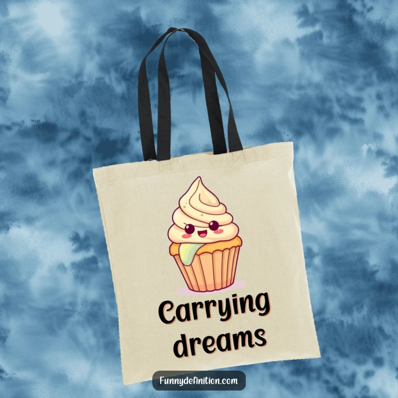 Funny tote bag showcasing a surprised cupcake with frosting sliding down a rainbow, a cheerful and sweet design.