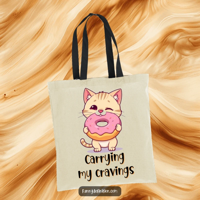 Funny Cat Tote Bag: A wobbly cat balances a large donut on its nose, showcasing adorable focus and a love for sweets, perfect for a funny gift.