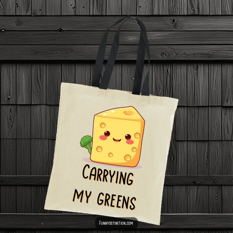 Funny tote bag featuring a shy broccoli floret peeking out from behind a giant, happy cheese wedge, a charming and practical accessory.
