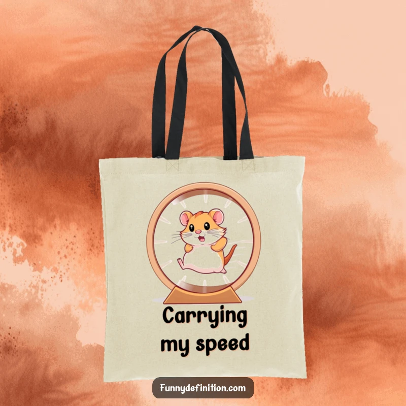 Funny hamster, a blur of motion, running in a giant hamster wheel on a tote bag.