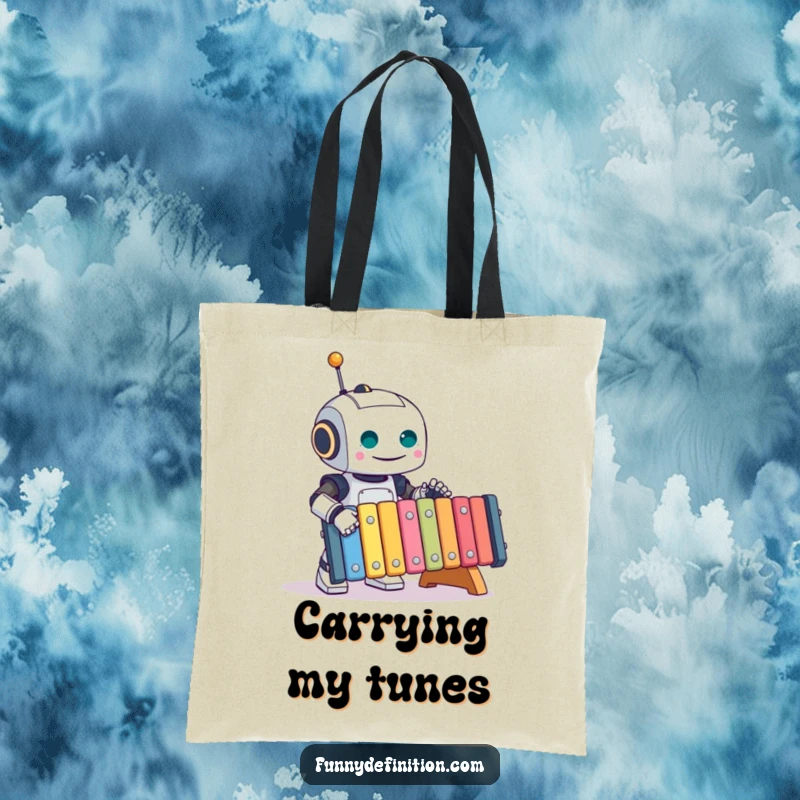 Funny Robot Tote Bag: A cheerful robot enthusiastically plays a giant xylophone, showcasing musical ambition and humor, perfect for a funny gift.