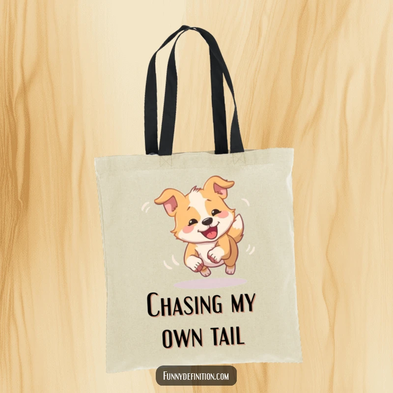 Funny dizzy dog tote bag showing a dog comically spinning in a blur chasing its tail, perfect for humorous errands.