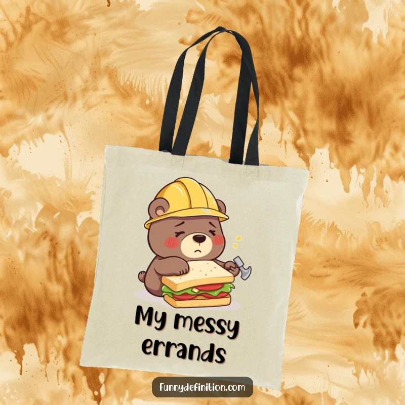 Funny tote bag depicting a confused bear in a construction helmet, comically trying to build a sandwich using a hammer, a tool-related mishap.