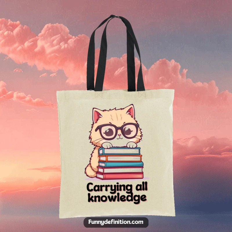 Funny cat tote bag, fluffy cat wearing oversized glasses, trying to balance a stack of books, a humorous and practical accessory.