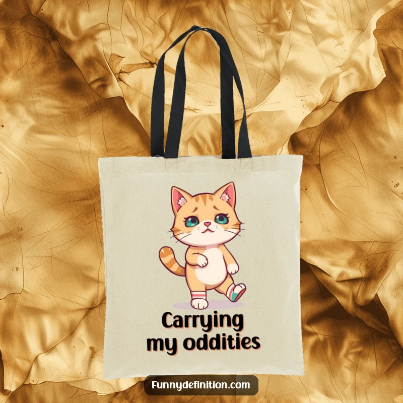 Funny tote bag showcasing a confused cat attempting to walk in mismatched socks, ideal for carrying goods with a touch of feline charm.