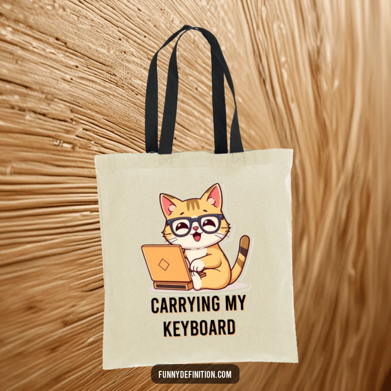 Funny tote bag illustrating a happy cat wearing large glasses, enthusiastically typing on a small laptop.